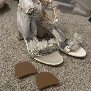 White and Brown Badley Mischka one inch block Heels with Floral Embellishments